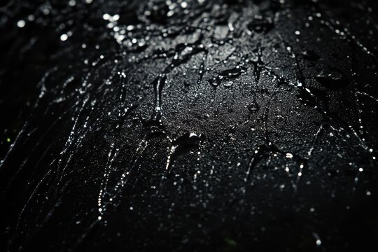 Raindrop details on a dark surface with vintage film grain and dust effect captured in low light, Old movie effect, raindrop element, dust overlay, distortion, scratches, black background