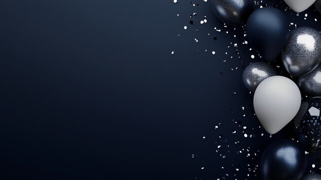 Birthday banner with masculine concept, dark gray to navy blue color gradation with shiny silver accents, minimalist balloon and confetti elements