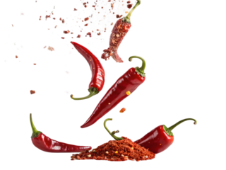 Red Chili Peppers with Crushed Red Pepper Flakes and Explosive Spice Splash on Transparent Background