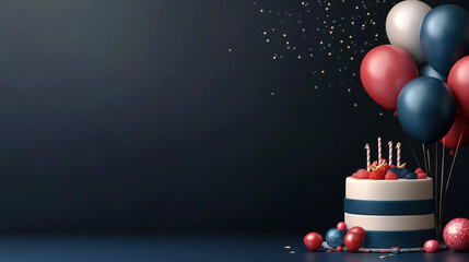 Birthday themed banner dark blue to metallic gray gradient background, spotlight effect in the middle gives a premium impression, simple decorations such as balloons and cakes with masculine 