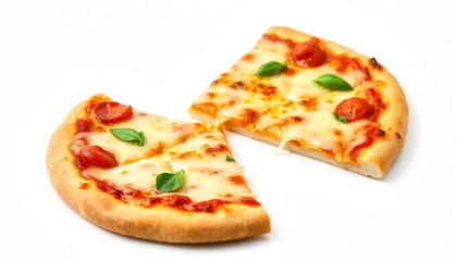Two Delicious Slices Of Margherita Pizza On A White Background Close Up