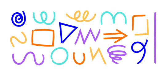 Collection of colorful doodle shapes and lines, Hand drawn doodles, Modern illustration. Flat design, Drawing abstract vector for banners, cards, social media, etc	