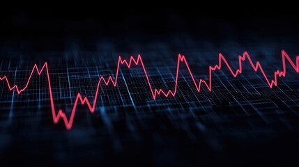 Fototapeta premium A dynamic, digital graph displays fluctuating red lines on a dark background, representing data trends or market analysis.