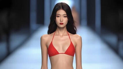 Fashion show model in red bikini runway photography modern studio side view glamour and style