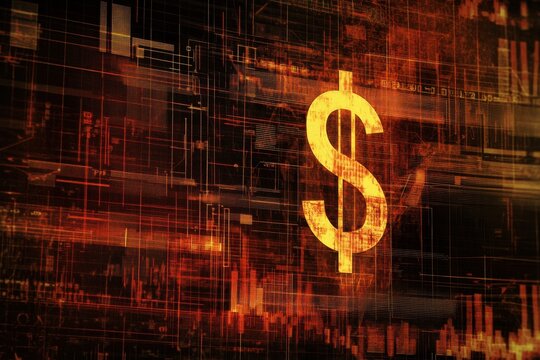 Data processing visualization with dollar sign and abstract patterns in technology background, scope scanning over diagrams and data processing