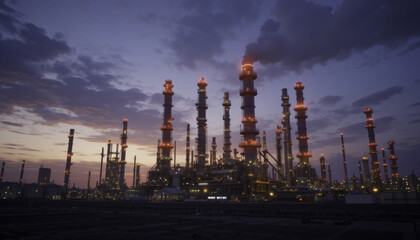Obraz premium large industrial refinery with numerous illuminated smokestacks against dramatic evening sky. scene captures complexity and scale of facility, highlighting its intricate network of pipes and