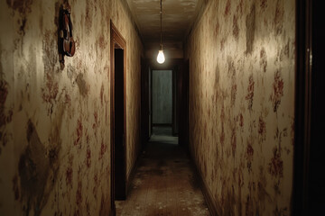Long hallway with hanging light, casting soft glow on dark wooden floors.