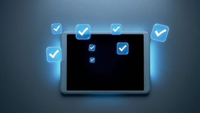 Digital Checkmark on Tablet Screen - Technology Icons and Social Media Connectivity in Modern Wireless Communication
