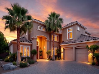 Mediterranean-style villa glows under the dramatic colors of a sunset sky, showcasing its stucco walls and terracotta roof - roof property design luxurious upscale