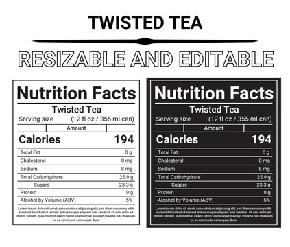 twisted tea nutrition, nutrition label, alcohol label, editable template, hard iced tea, twisted tea label, calorie info, sugar content, alcoholic beverage, black and white label