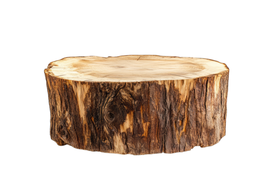 a rustic wooden stump with a smooth flat top suitable for use as a coffee table or decorative piece in home decor