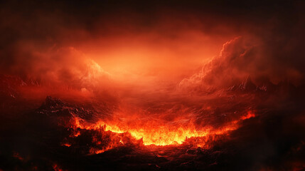 Obraz premium Hell wallpaper with red and black gradient, fire blazing at the bottom with dark smoke rising to the top, dramatic design with empty space in the middle for text