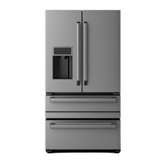 Modern stainless steel refrigerator with dual doors and water dispenser, featuring a sleek flat front with handles and multiple drawers for advanced food storage on transparent background