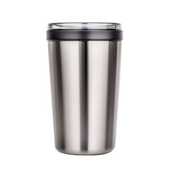 Sleek stainless steel travel mug with black lid and insulation to keep beverages hot or cold for on-the-go convenience and stylish modern design on transparent background