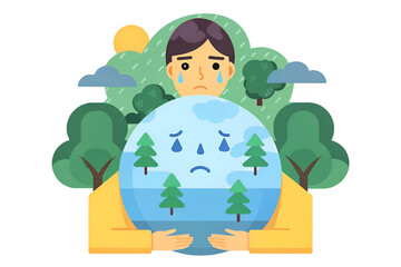 Eco-anxiety environmental stress A person expresses sadness while holding a globe, symbolizing environmental concerns.