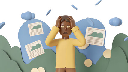 Eco-anxiety environmental stress A distressed figure surrounded by chaotic imagery, representing mental overwhelm.