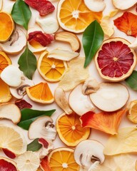 Food Rescue and Recycling. Assortment of Dried Fruit and Mushroom Chips on Beige Background