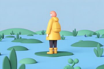 Eco-anxiety environmental stress A person in a yellow raincoat stands on a lily pad in a colorful, stylized landscape.