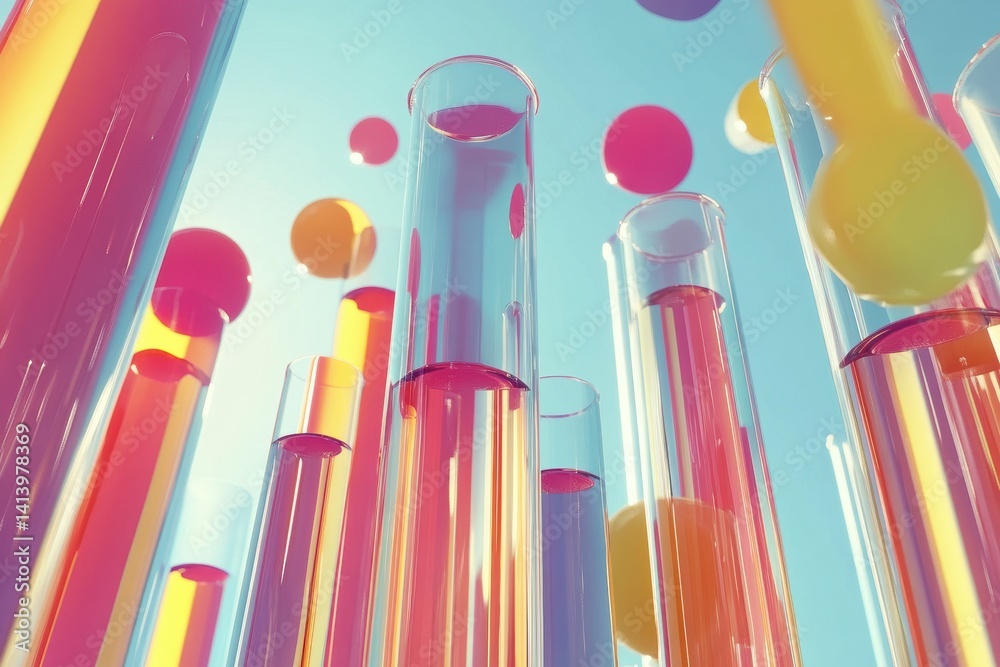 Poster Shapes move gracefully over colorful test tubes in a vibrant setting, shapes moving over test tubes