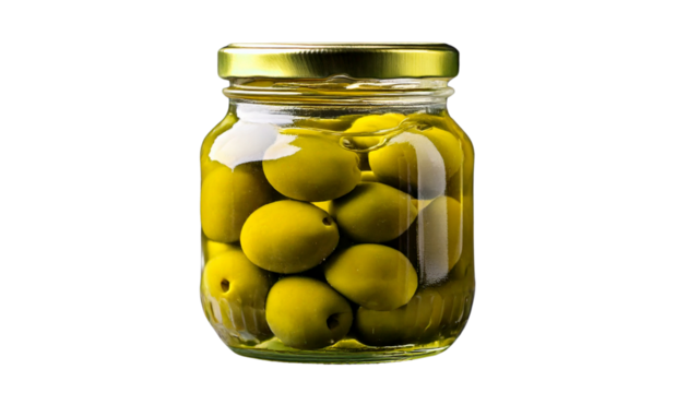 A close-up shot captures a jar of vibrant, green olives, perfectly preserved and ready to add a touch of Mediterranean zest to any culinary creation isolated on transparent background - Powered by Adobe