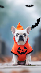 French Bulldog in Pumpkin Costume at Foggy Cemetery With Bats