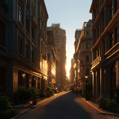 Naklejka premium Picturesque view of city street with beautiful buildings at sunrise