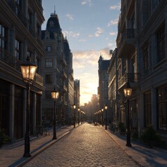 Fototapeta premium Picturesque view of city street with beautiful buildings at sunrise