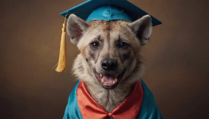 hyena wearing a graduation cap in a brown background