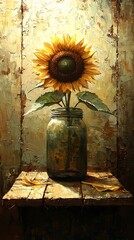 Sunflower in jar, on rustic wooden shelf, with aged backdrop, detailed paint