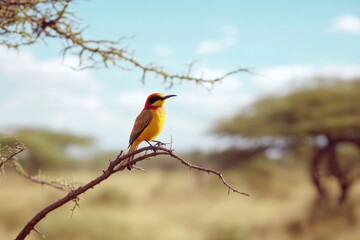 Fototapeta premium Colorful bird perched on branch in Tsavo East savannah singing under the bright sky, A bird sings on a branch in the savannah of Tsavo East
