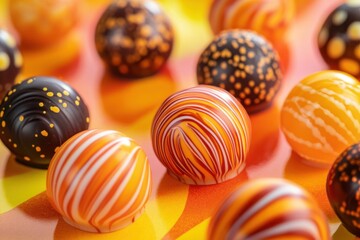 Delicious hand-painted orange chocolate bonbons elegantly arranged in a colorful display, captivating confectionery enthusiasts and inspiring culinary creations