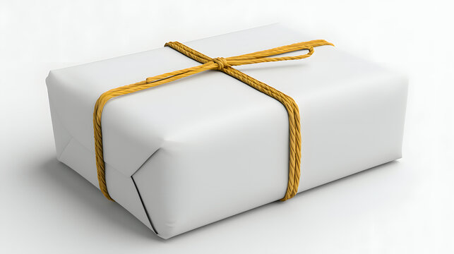 White Rectangular Package Tied with Golden Twine on White Background