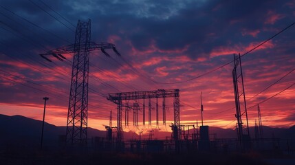 Fototapeta premium Sunset Glow Over Power Infrastructure, Highlighting High-Voltage Towers and Transformers in a Striking Design