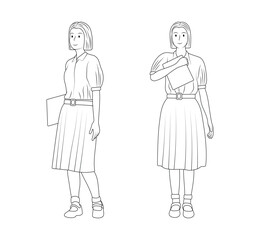 Outline Vector Illustration of Thai Students in High School Uniform Holding a Paper Sheet.