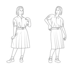 Outline Vector Illustration of Thai High School Students Standing in Different Poses.