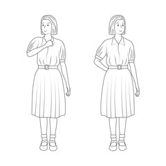 Outline Vector Illustration of Thai High School Students in Uniform, Standing in Casual Poses.