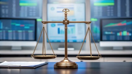 A brass scale symbolizes justice in front of digital financial charts and data, indicating a blend of law and finance.