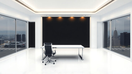 Modern Office Workspace: Sleek and Minimalist Interior Design with Cityscape Views