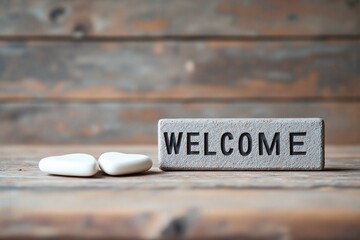 stone with the word welcome next to a white heart