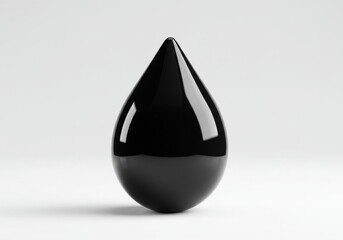 A glossy black teardrop shaped object standing on a white surface in a studio setting with soft lighting