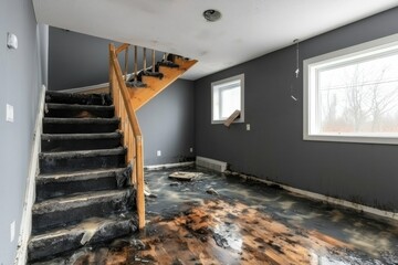 A damaged interior of a house showing blackened stairs, waterlogged flooring, and remnants of a fire or flood, creating a somber atmosphere.