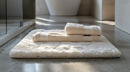 Relaxed and minimalist bathroom setup with soft lighting on concrete floor