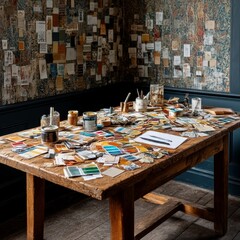 Different wallpaper rolls and brush on wooden table, flat lay. Space for text