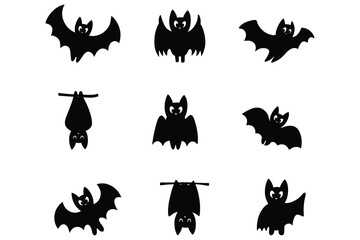 Set of Black Bat Silhouettes on White Background Vector Illustration