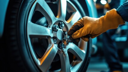 Fototapeta premium Car Maintenance and Tire Service Concept. Mechanic Hand Tightening Lug Nuts on Vehicle Wheel with Protective Glove in Auto Repair Shop.