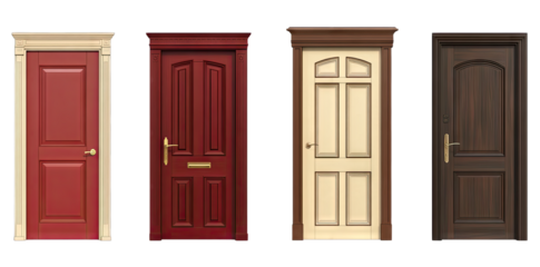 four distinct doors each with unique colors and designs representing various styles of entryways