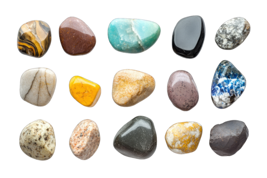 various polished stones displayed on a white background showcasing their unique colors and textures for decorative or educational purposes