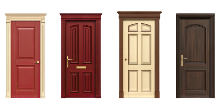 four distinct doors each with unique colors and designs representing various styles of entryways