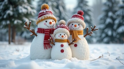 A charming snowman family made of three snowmen of different sizes, decorated with hats, scarves, and buttons, standing together in a snowy backyard 