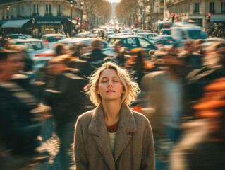 Blonde Caucasian woman standing still with eyes closed in a busy European city street surrounded by blurred pedestrians